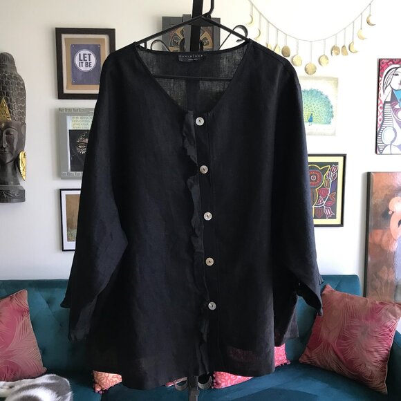 DAVID DART Collection size 3X Black Linen Button Front Silk Accent Jacket Top - Picture 1 of 5